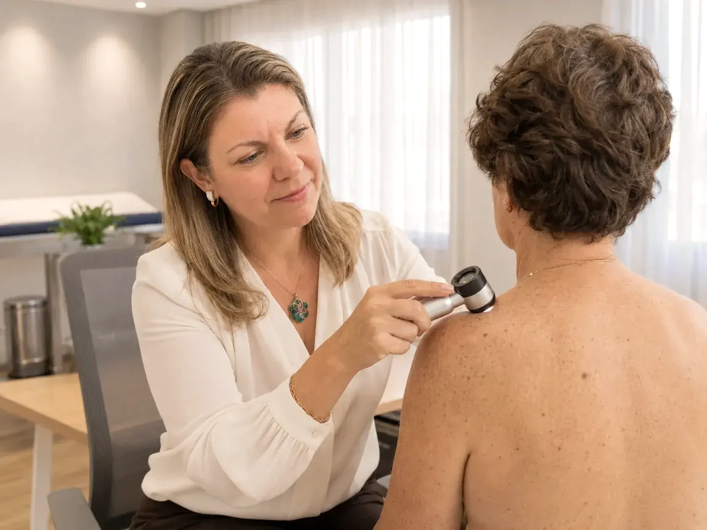 Dra. Karina Zold realizando dermatoscopia nas costas de paciente para avaliação de câncer de pele em Campinas