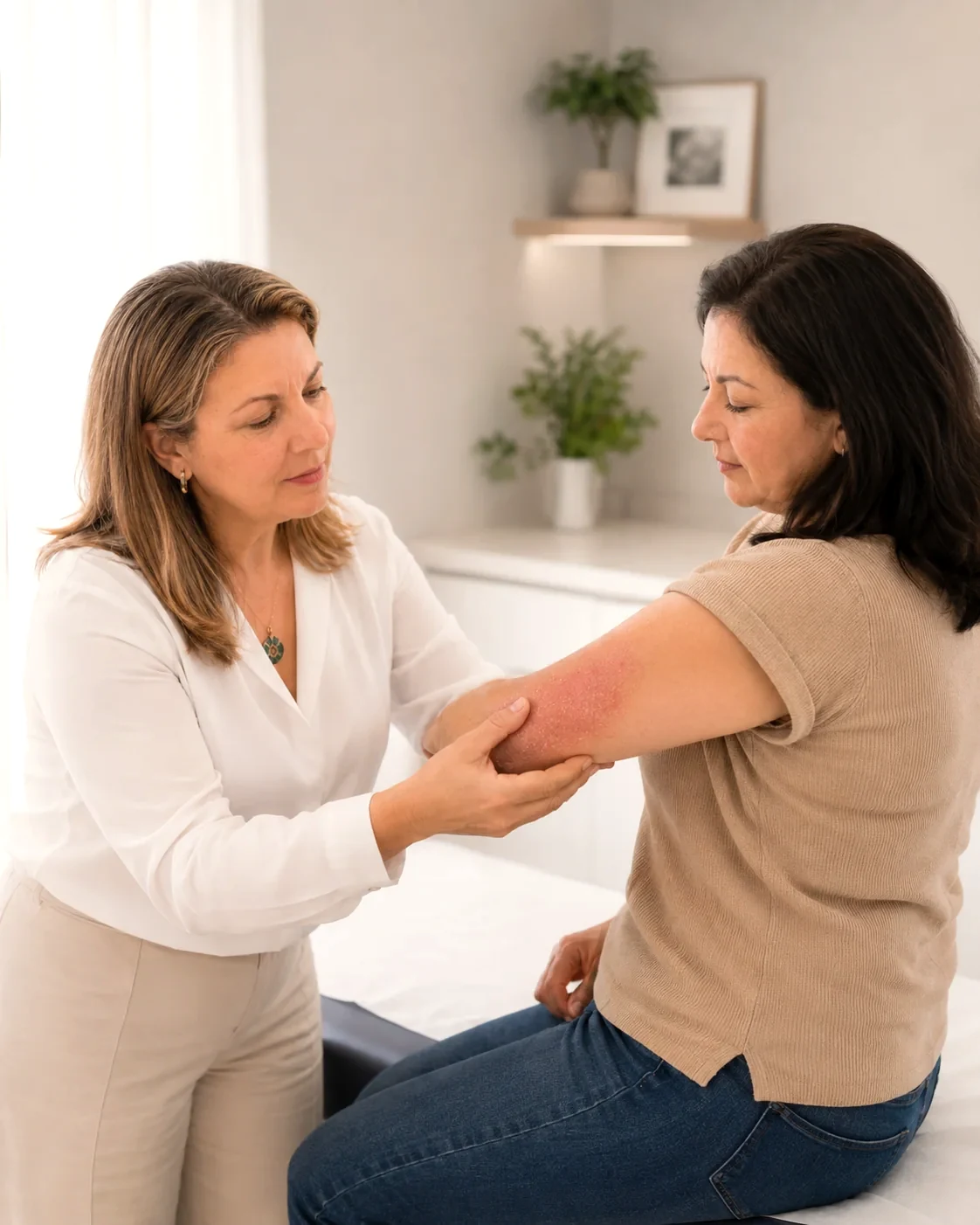 Dra. Karina Zold examinando dermatite e pele sensível no braço de paciente em Campinas