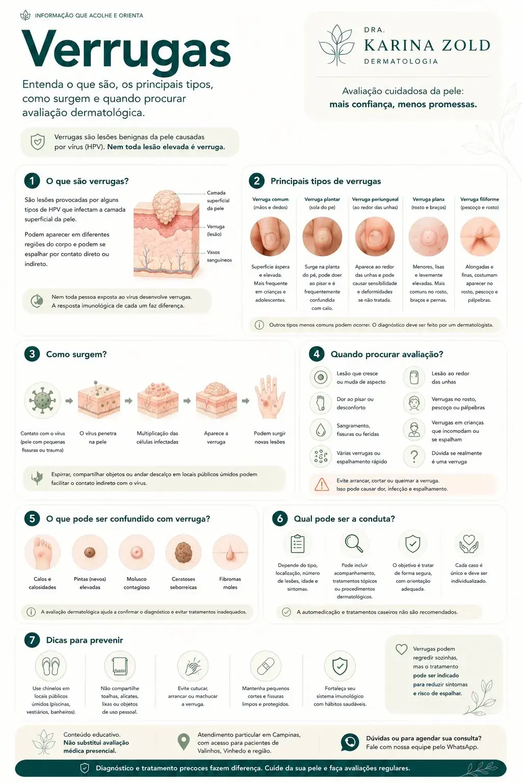 Infográfico sobre verrugas: tipos, como surgem, quando procurar avaliação dermatológica — Dra. Karina Zold